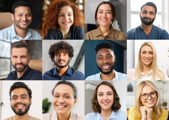 A grid of smiling individuals from various ethnic backgrounds symbolizes a virtual conference or social networking, highlighting the importance of face-to-face interaction in a digitalized world.